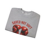 ONLY1GOD Crewneck Sweatshirt — "Saved Not Soft" Boxing Gloves Christian Faith Design