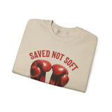 ONLY1GOD Crewneck Sweatshirt — "Saved Not Soft" Boxing Gloves Christian Faith Design