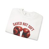 ONLY1GOD Crewneck Sweatshirt — "Saved Not Soft" Boxing Gloves Christian Faith Design