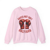 ONLY1GOD Crewneck Sweatshirt — "Saved Not Soft" Boxing Gloves Christian Faith Design