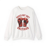 ONLY1GOD Crewneck Sweatshirt — "Saved Not Soft" Boxing Gloves Christian Faith Design
