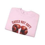ONLY1GOD Crewneck Sweatshirt — "Saved Not Soft" Boxing Gloves Christian Faith Design