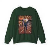 Track Star Crewneck Sweatshirt — Vintage Athlete Photo Graphic