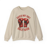 ONLY1GOD Crewneck Sweatshirt — "Saved Not Soft" Boxing Gloves Christian Faith Design