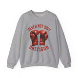 ONLY1GOD Crewneck Sweatshirt — "Saved Not Soft" Boxing Gloves Christian Faith Design