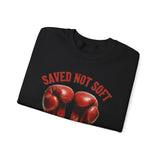ONLY1GOD Crewneck Sweatshirt — "Saved Not Soft" Boxing Gloves Christian Faith Design